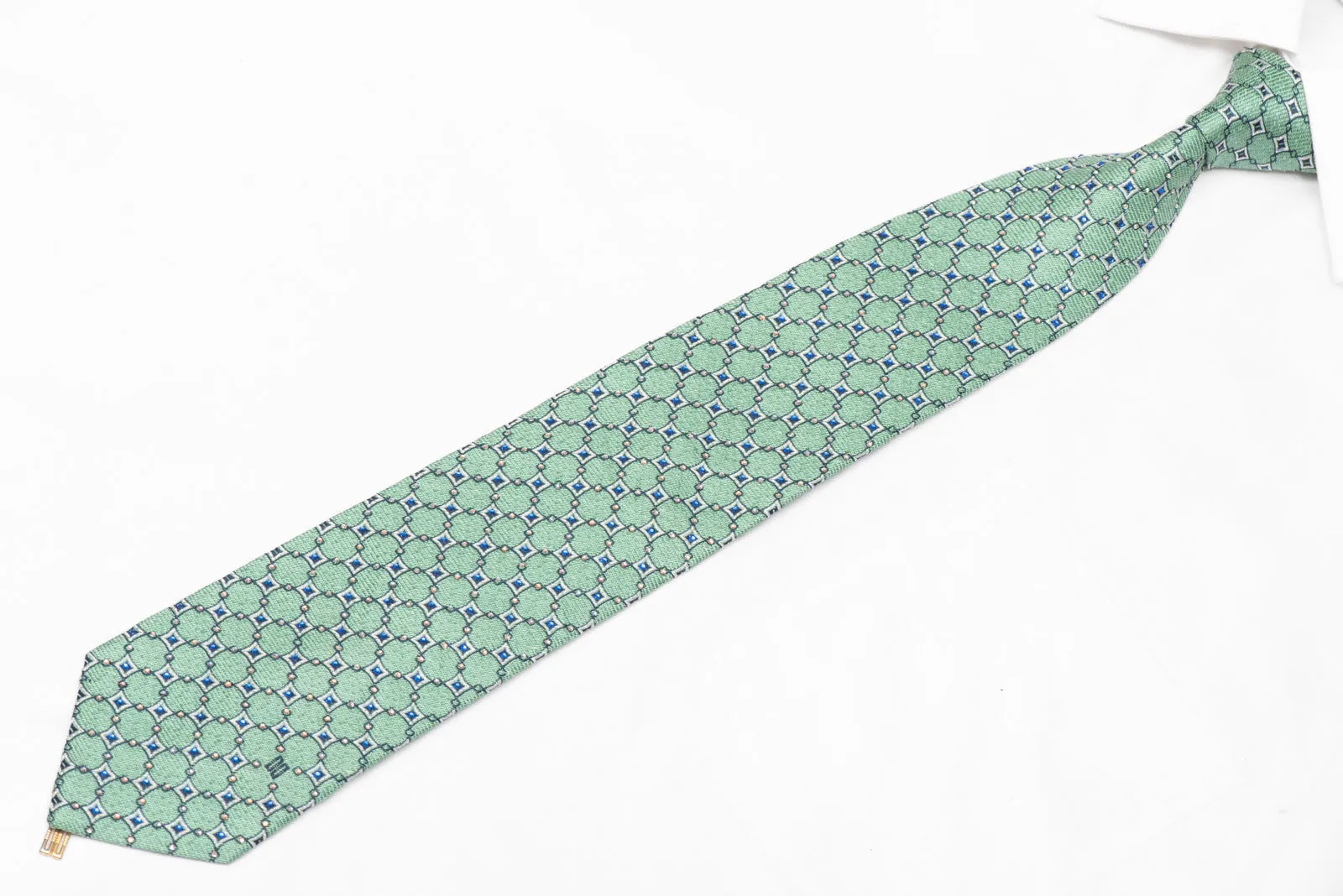 Silver Geometric On Mint Green Rhinestone Silk Necktie With Silver Sparkles