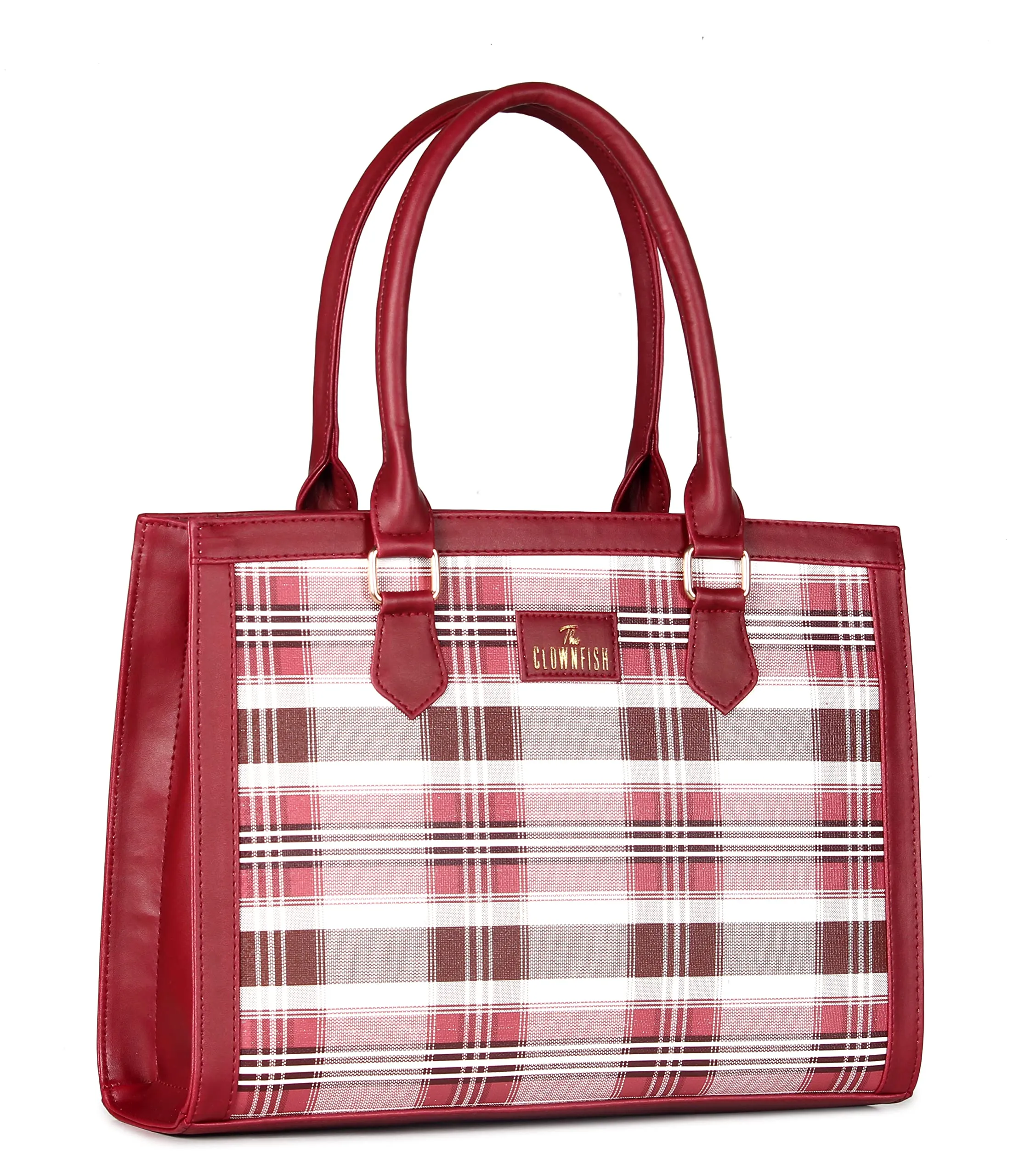 THE CLOWNFISH Alvis Handbag for Women Office Bag Ladies Shoulder Bag Tote For Women College Girls-Checks Design (Maroon)