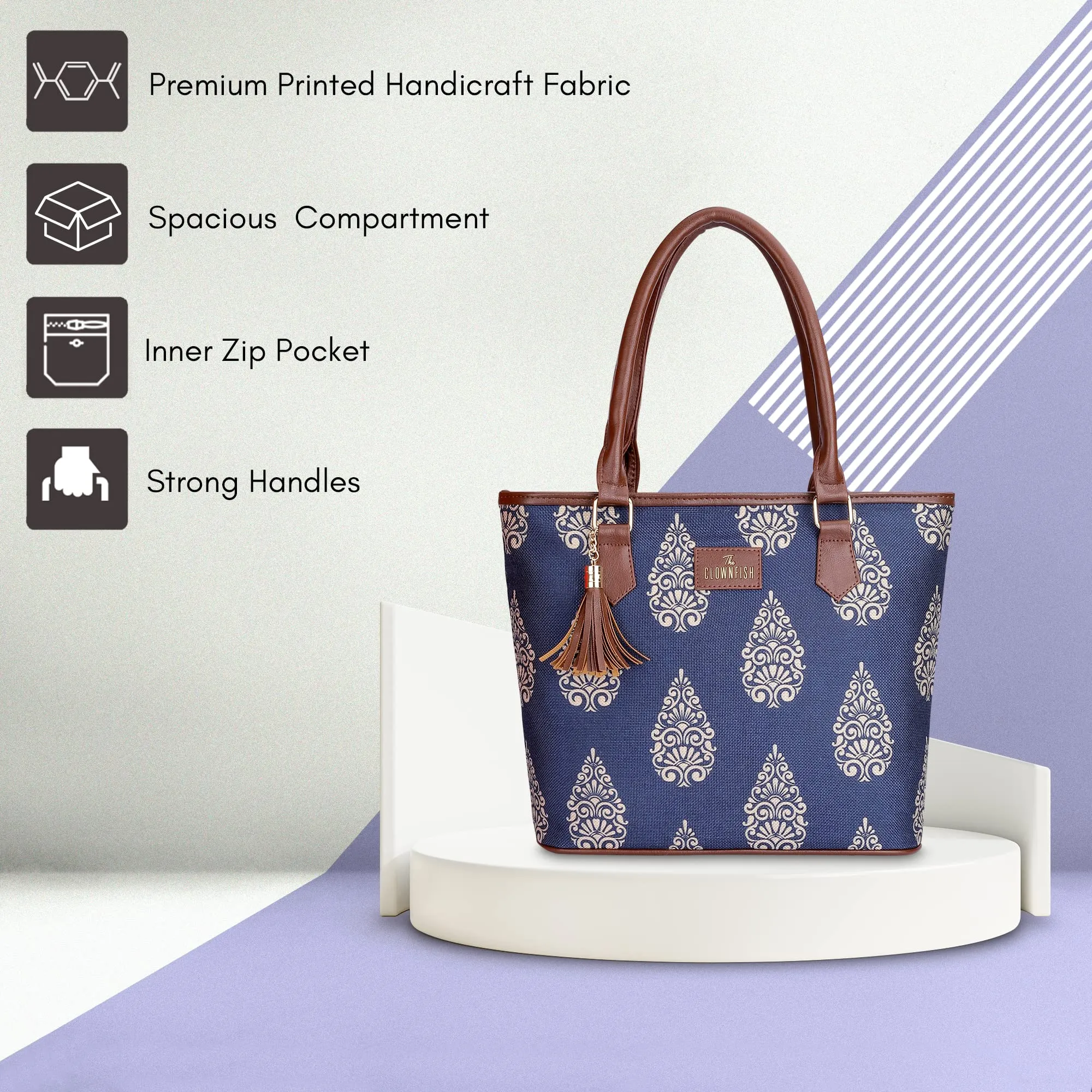 THE CLOWNFISH Aviva Printed Handicraft Fabric Handbag for Women Office Bag Ladies Shoulder Bag Tote for Women College Girls (Navy Blue)