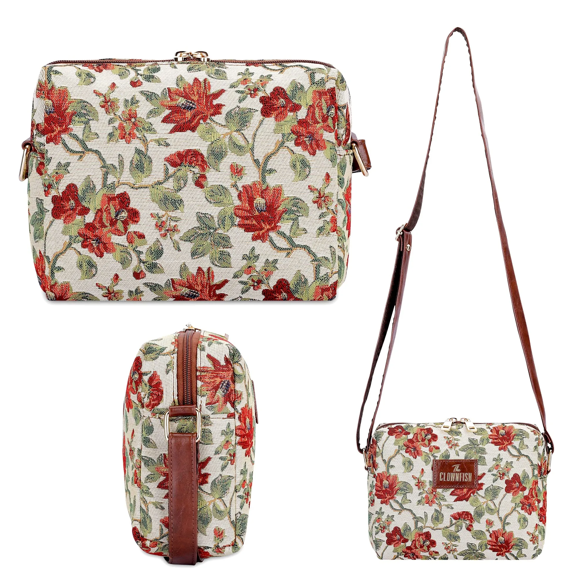 THE CLOWNFISH Combo Of Adelina Sling for Women Crossbody Bag for Ladies College Girls & Justina Tapestry Fabric & Faux Leather Handbag for Women (Off White-Floral)