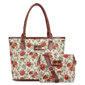 THE CLOWNFISH Combo Of Adelina Sling for Women Crossbody Bag for Ladies College Girls & Justina Tapestry Fabric & Faux Leather Handbag for Women (Off White-Floral)