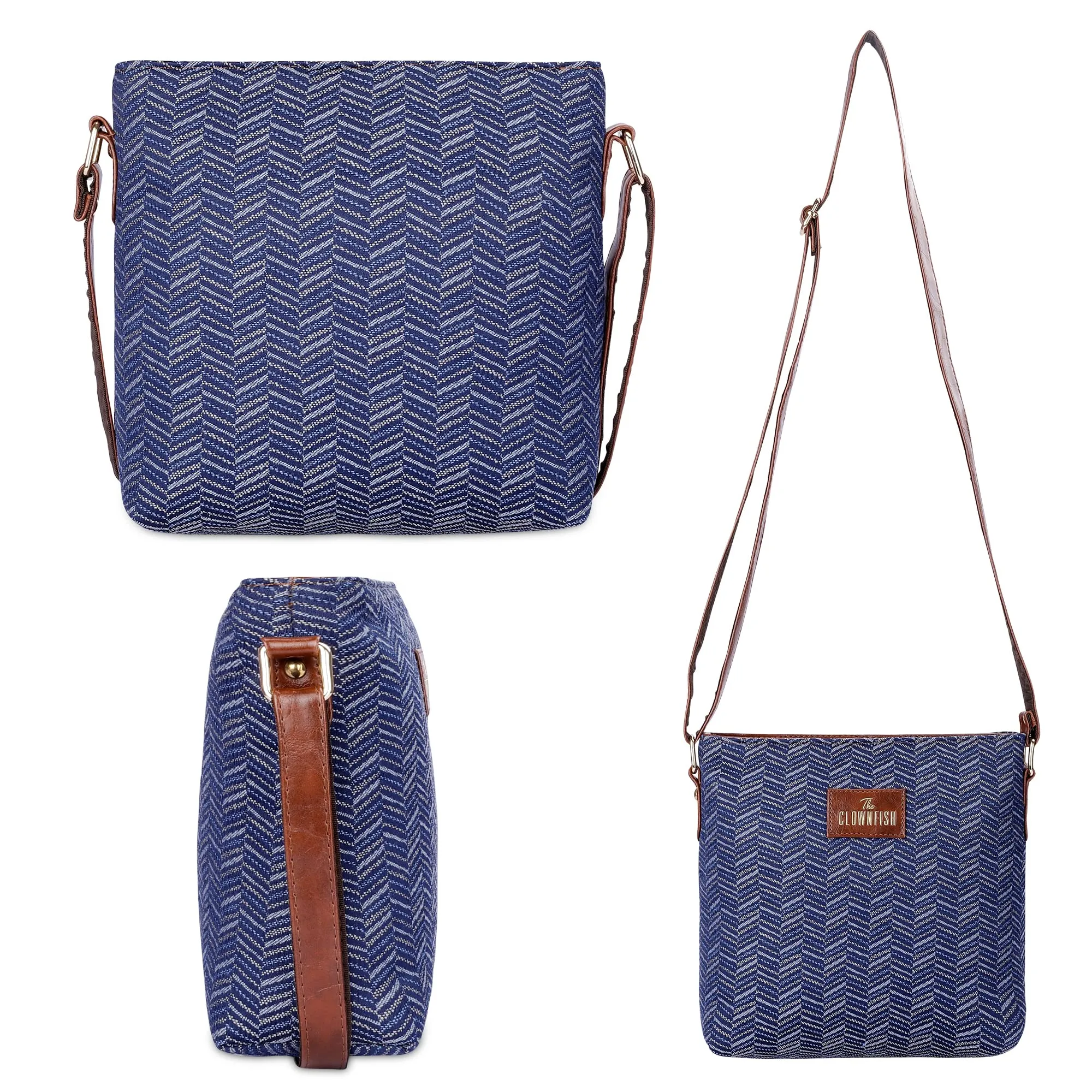 THE CLOWNFISH Combo of Linda Series Sling for Women Crossbody Bag for College Girls Lorna Tapestry Fabric & Faux Leather Handbag Sling Bag for Women (Blue-Stripes)