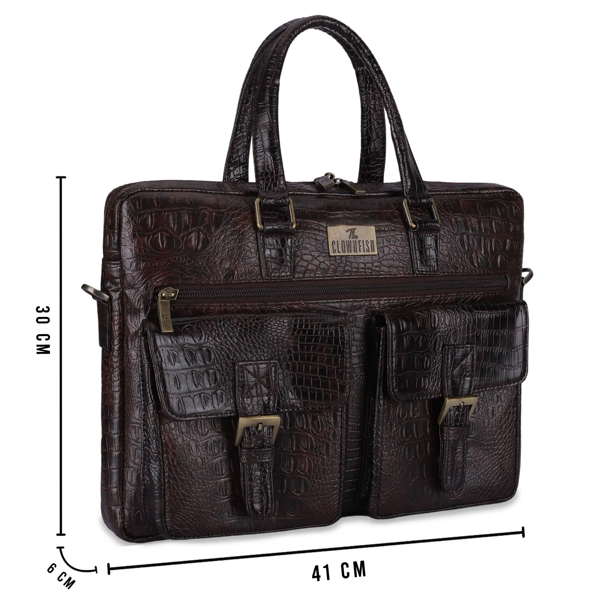 THE CLOWNFISH Dataguard Series Crocodile Finish Faux Leather 15.6 inch Laptop Messenger Bag Unisex Laptop Briefcase with Trolley Strap (Dark Brown)