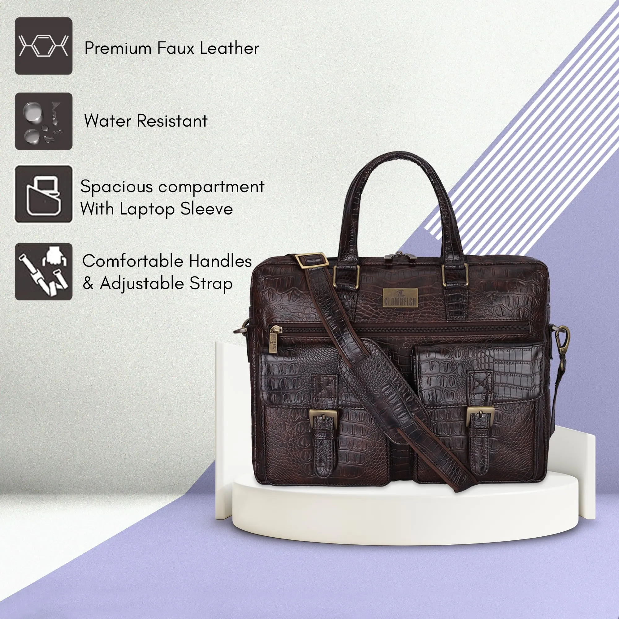 THE CLOWNFISH Dataguard Series Crocodile Finish Faux Leather 15.6 inch Laptop Messenger Bag Unisex Laptop Briefcase with Trolley Strap (Dark Brown)