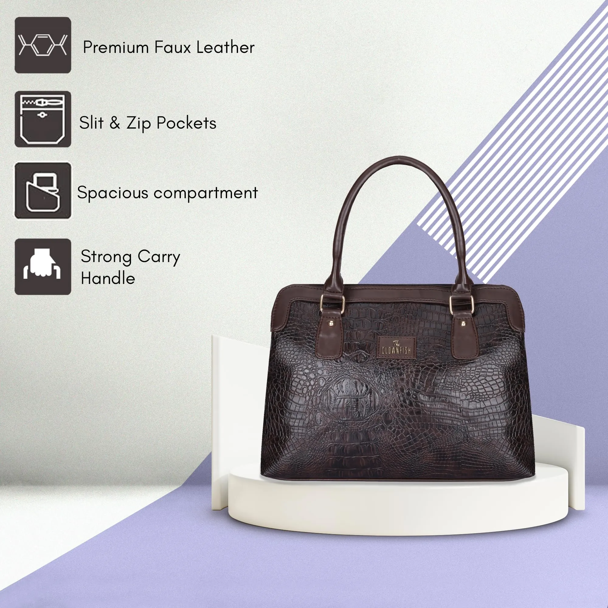 THE CLOWNFISH Freya Collection Faux Leather Crocodile Finish Handbag for Women Office Bag Ladies Purse Shoulder Bag Tote For Women College Girls (Dark Brown)