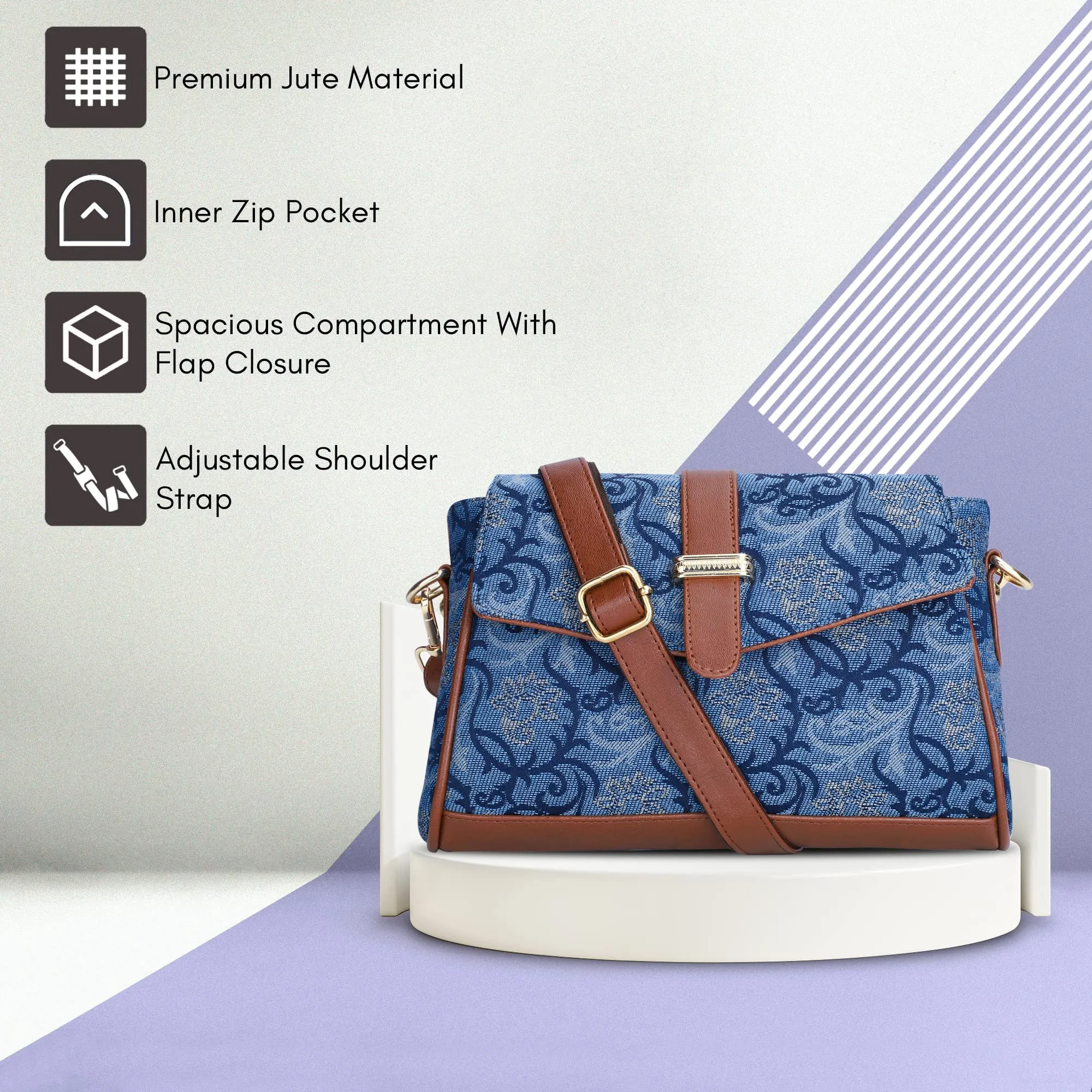 THE CLOWNFISH Odelina Series Printed Handicraft Fabric Sling Bag Handbag for Women Crossbody Bag Office Bag Ladies Single Shoulder Bag with Snap Flap Closure & Shoulder Belt For Women (Brown)