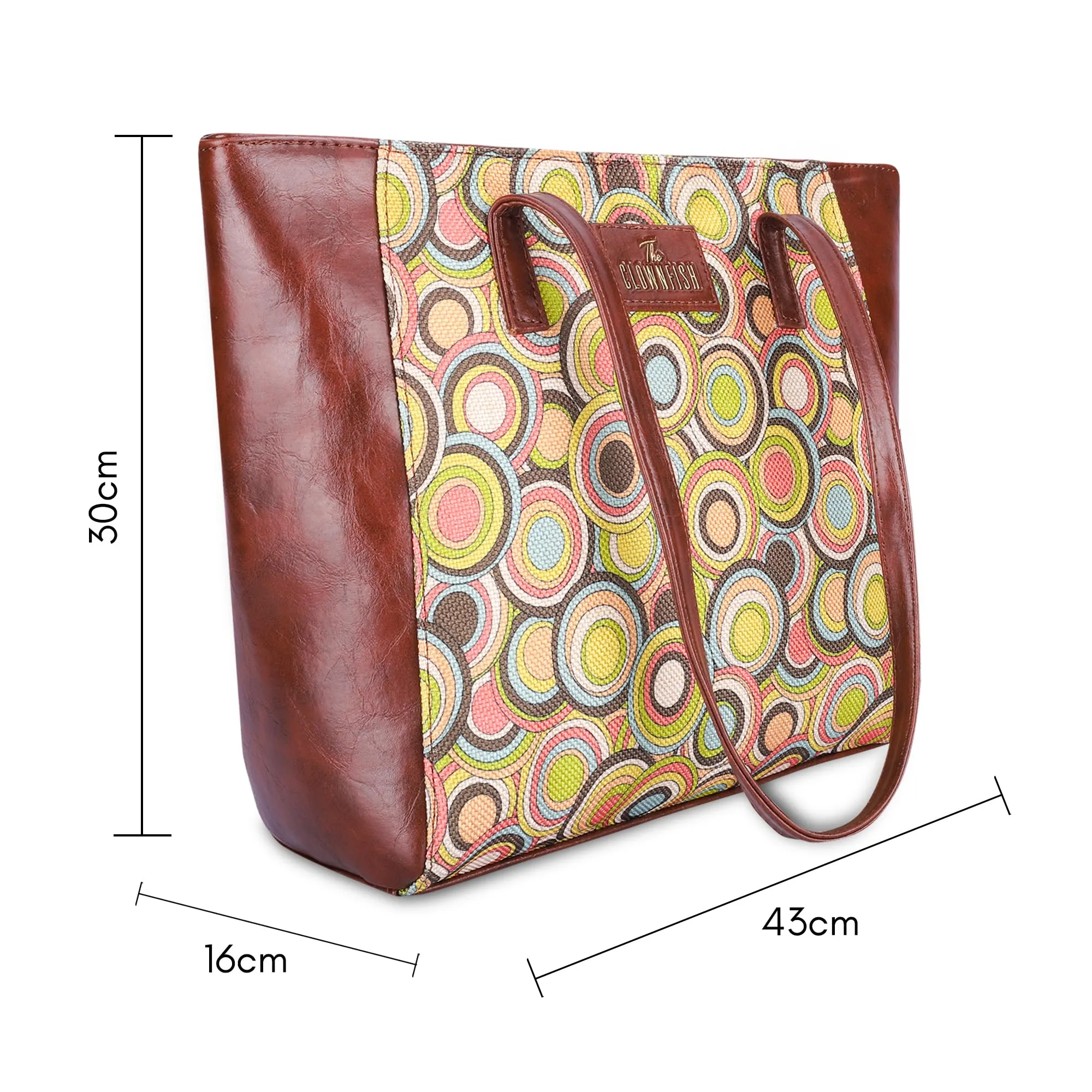 THE CLOWNFISH Valentine Printed Handicraft Fabric & Faux Leather Handbag for Women Office Bag Ladies Shoulder Bag Tote for Women College Girls (Multicolour-Circles)