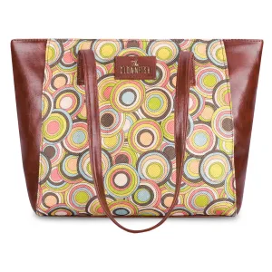 THE CLOWNFISH Valentine Printed Handicraft Fabric & Faux Leather Handbag for Women Office Bag Ladies Shoulder Bag Tote for Women College Girls (Multicolour-Circles)