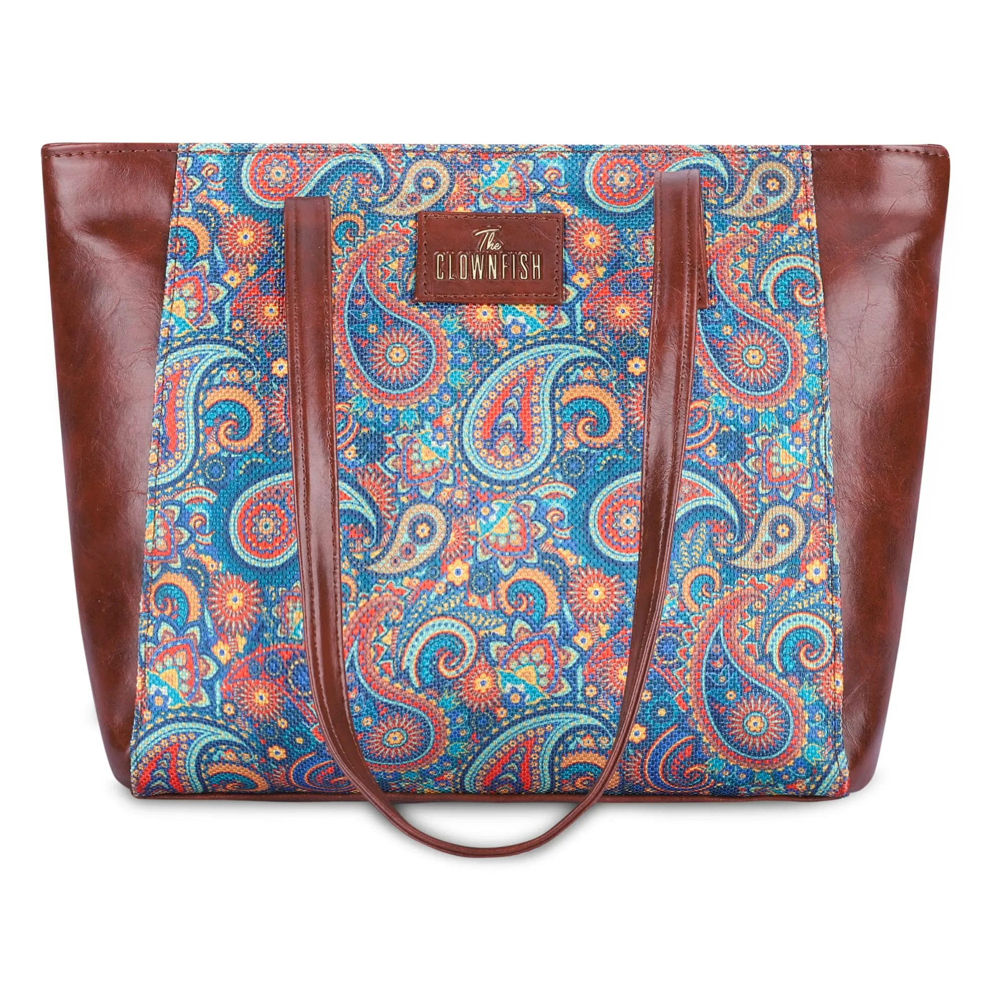 THE CLOWNFISH Valentine Printed Handicraft Fabric & Faux Leather Handbag for Women Office Bag Ladies Shoulder Bag Tote for Women College Girls (Sapphire Blue-Paisley Print)