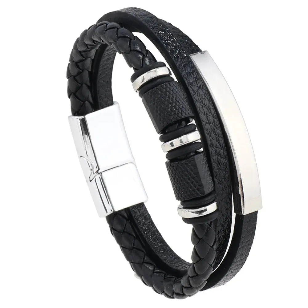 Trendy Leather Bracelets For Men Stainless Steel Bracelet 21CM Multilayer Braided Rope Bracelets for Male Jewelry Gifts