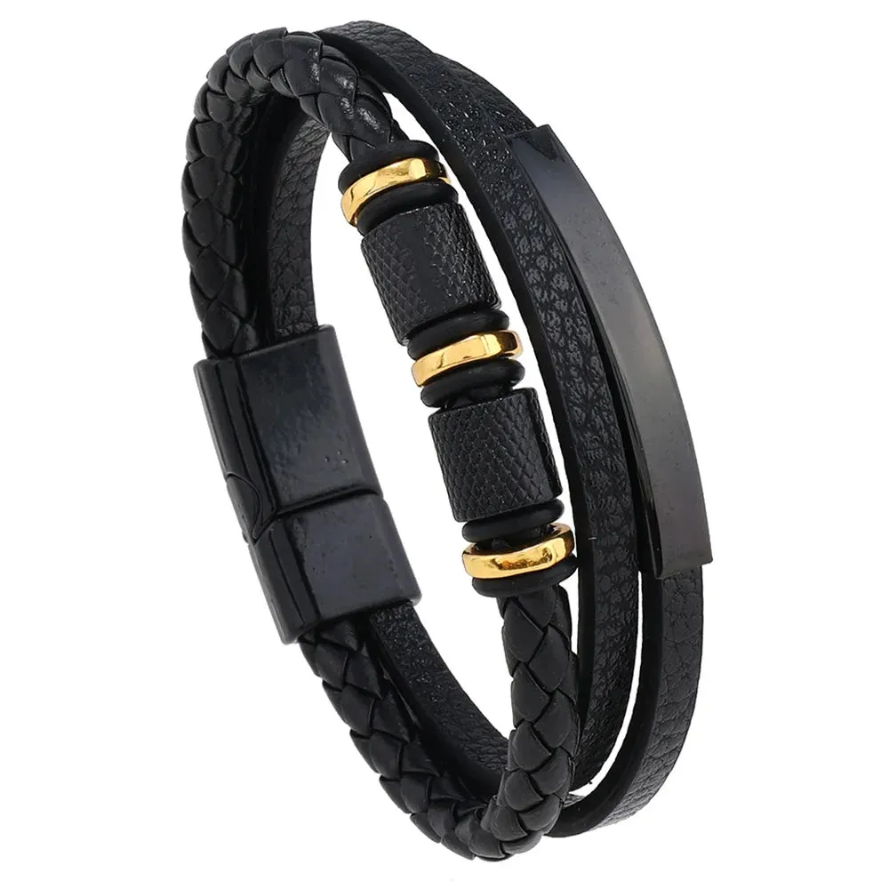 Trendy Leather Bracelets For Men Stainless Steel Bracelet 21CM Multilayer Braided Rope Bracelets for Male Jewelry Gifts