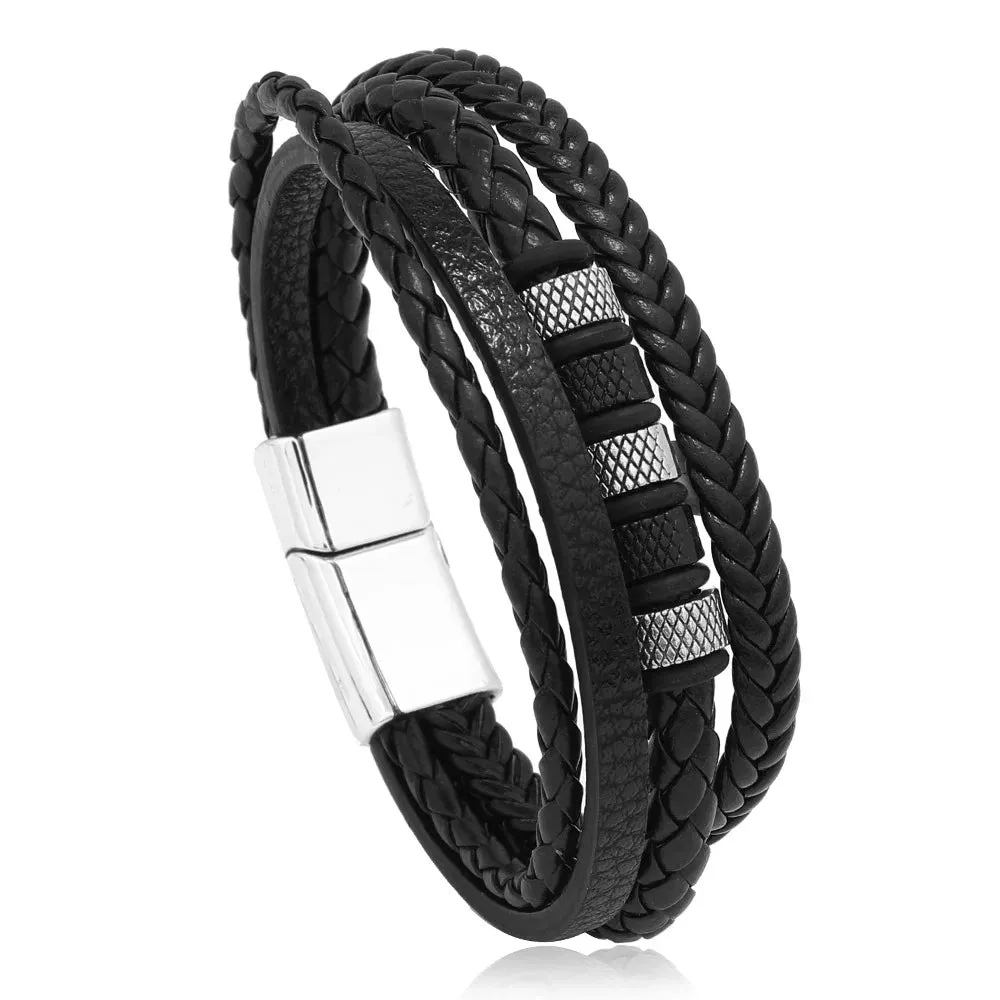 Trendy Leather Bracelets For Men Stainless Steel Bracelet 21CM Multilayer Braided Rope Bracelets for Male Jewelry Gifts