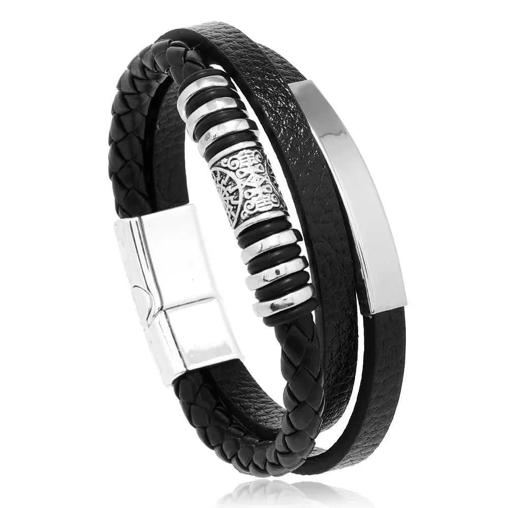 Trendy Leather Bracelets For Men Stainless Steel Bracelet 21CM Multilayer Braided Rope Bracelets for Male Jewelry Gifts