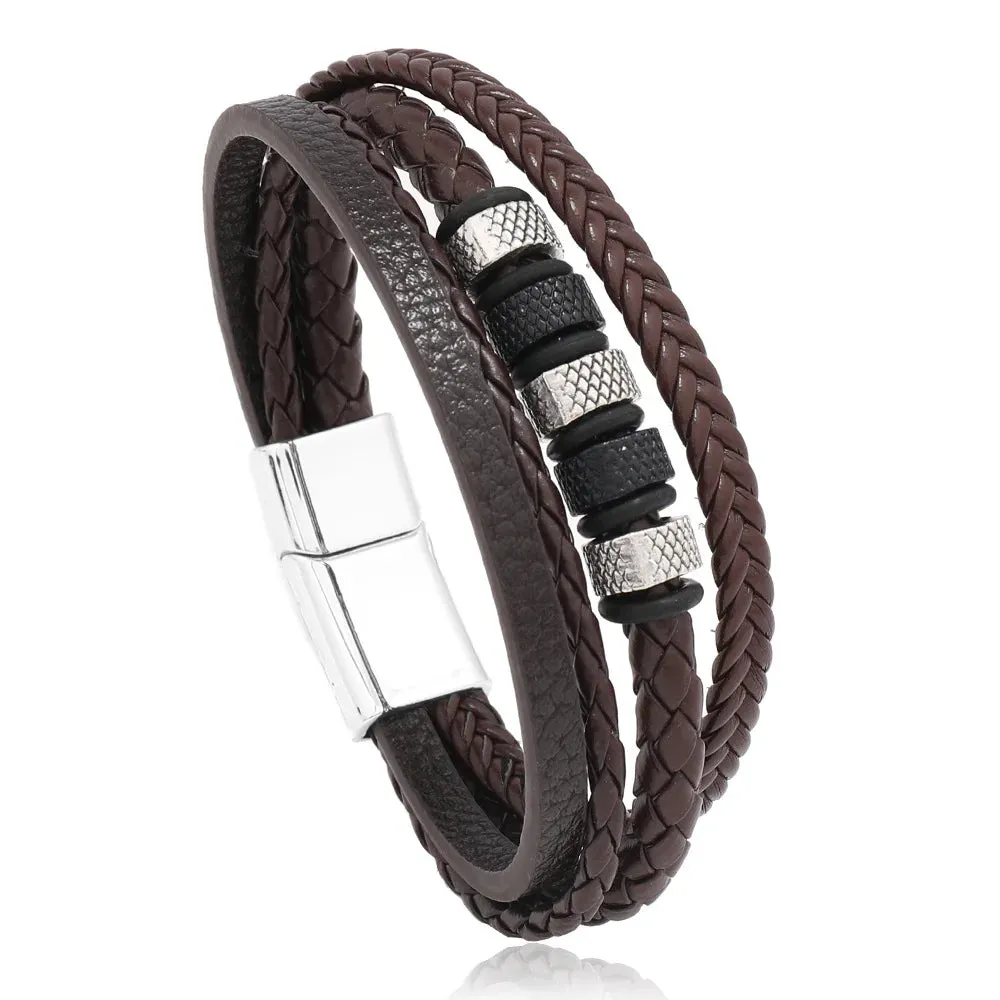 Trendy Leather Bracelets For Men Stainless Steel Bracelet 21CM Multilayer Braided Rope Bracelets for Male Jewelry Gifts