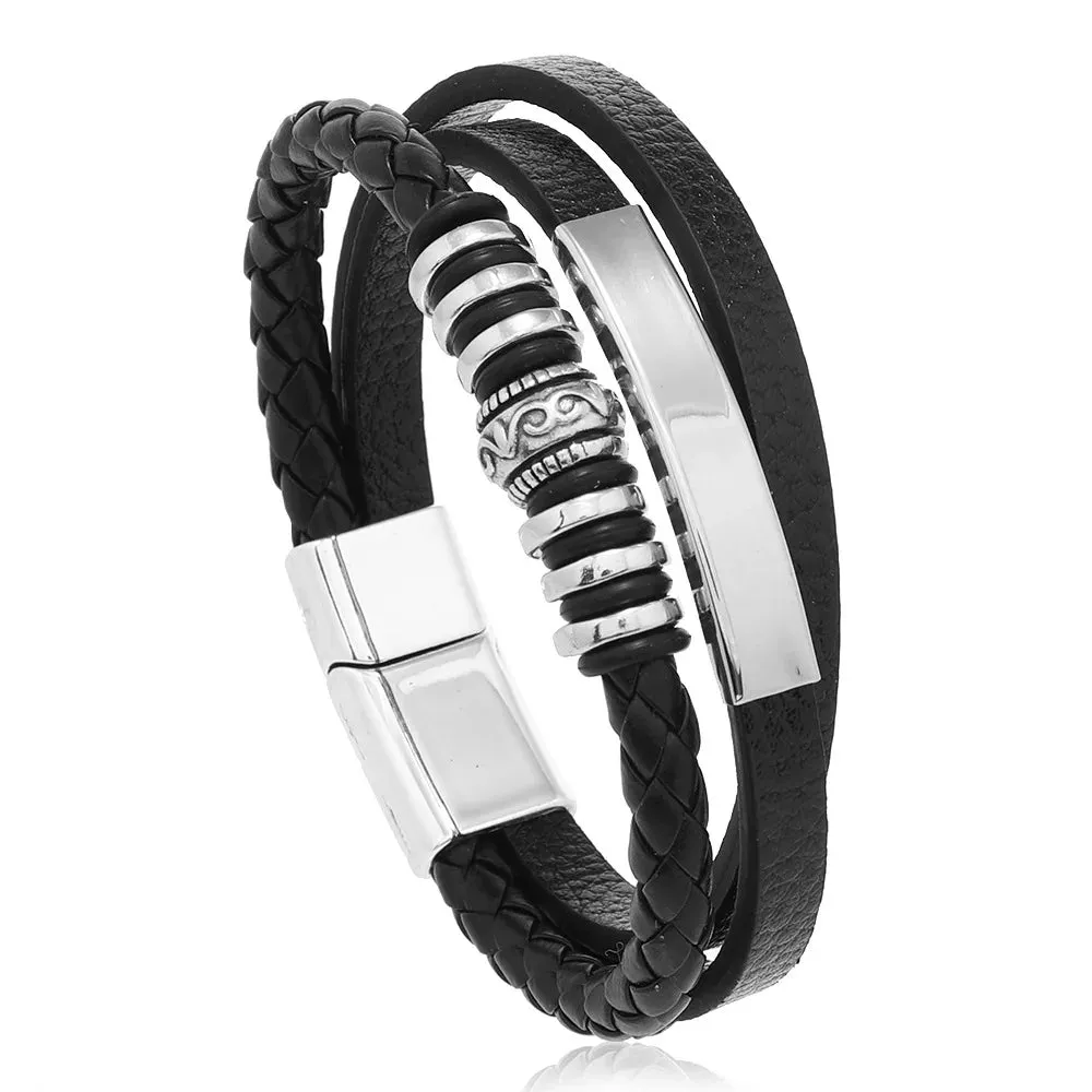 Trendy Leather Bracelets For Men Stainless Steel Bracelet 21CM Multilayer Braided Rope Bracelets for Male Jewelry Gifts