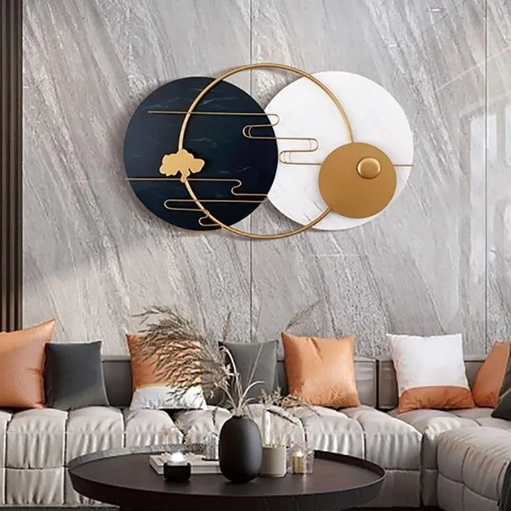 ULTRA SHINE HOME DECOR Modern Round Metal Wall Art Geometric Decorative in White & Black & Gold for Home Decoration, Bedroom, Living Room, Hotel & Restaurant (40 x 24 Inch)