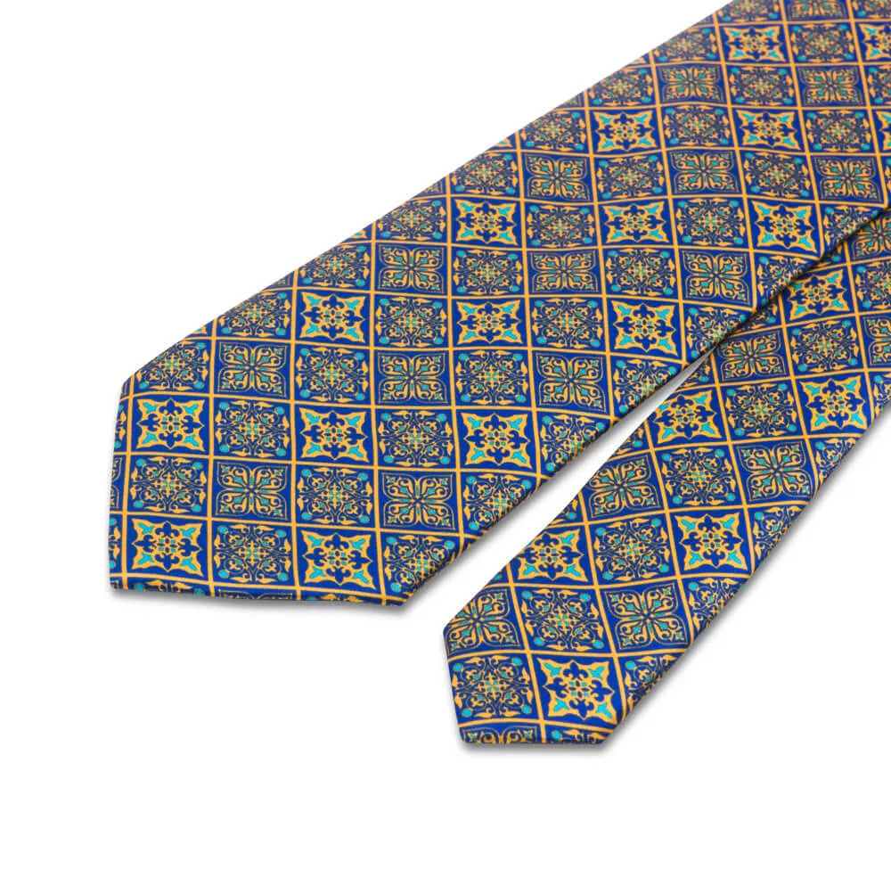 Yellow and Blue Medieval Mosaic Duchesse Silk Tie