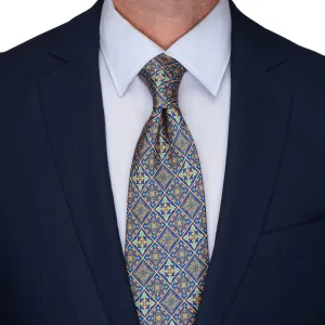 Yellow and Blue Medieval Mosaic Duchesse Silk Tie