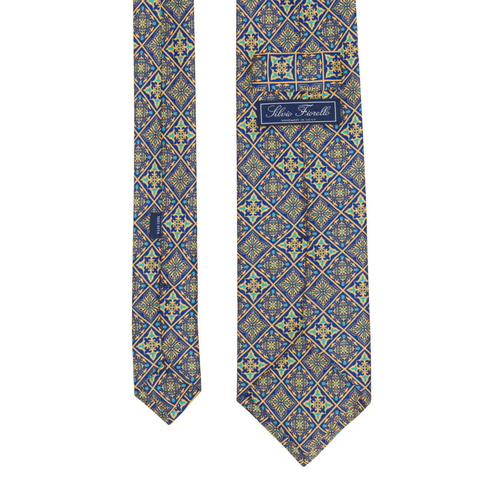 Yellow and Blue Medieval Mosaic Duchesse Silk Tie