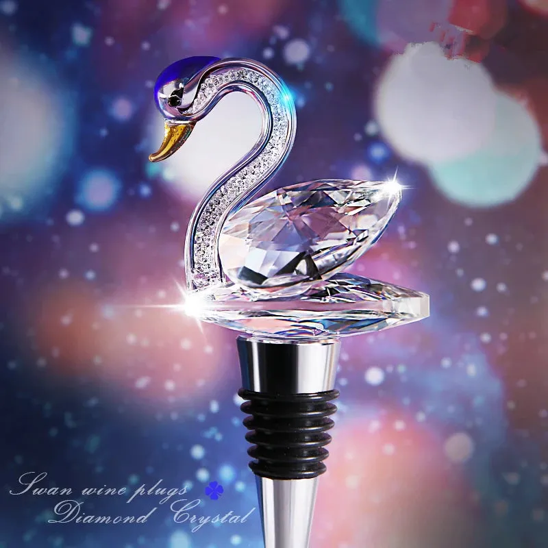 Zinc Alloy Swan Heart Shaped Transparent Crystal Wine Glass Bottle Wedding Gifts Wine Stoppers Set